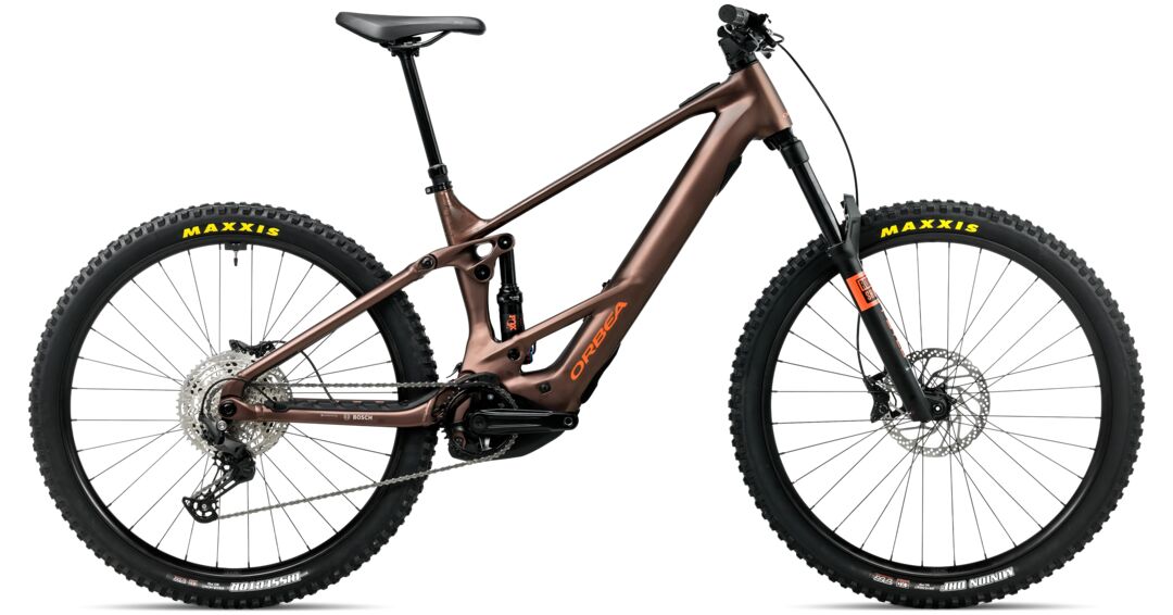 Black mountain bike with Maxxis tires on a white background