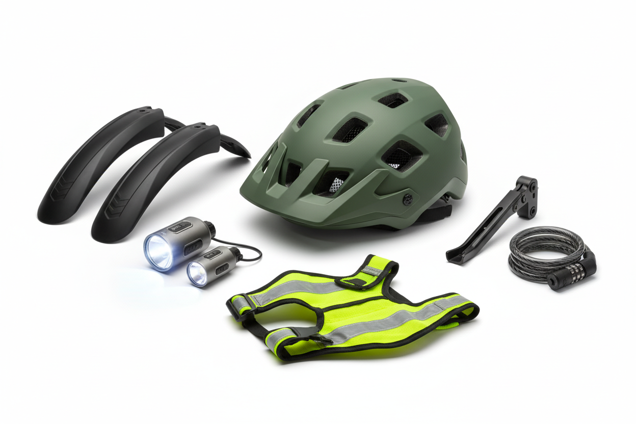 another image of bike accessories but for teenagers , solid colour mtb helmet, black mudguards. high quality lights, kickstand, lock, high vis